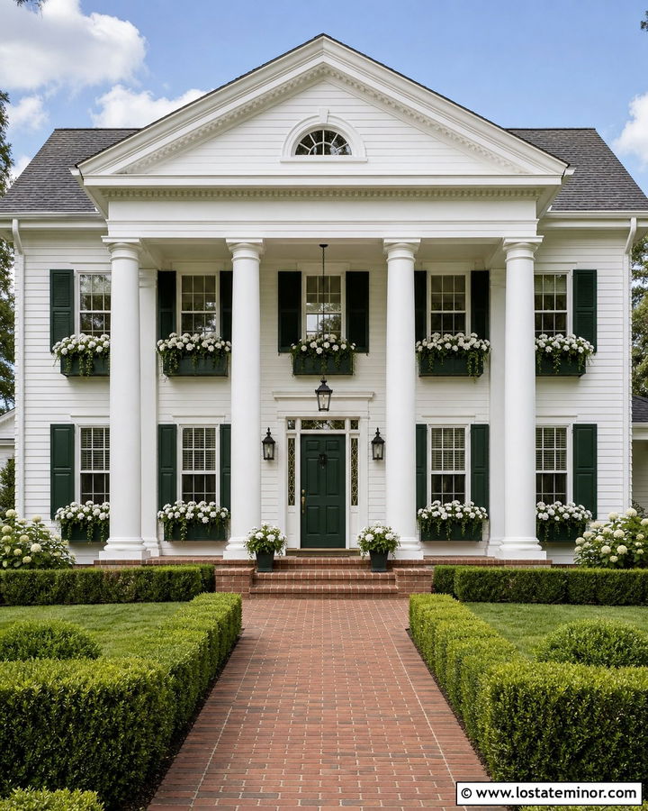 White Greek Revival House With Classic Window Boxes - 30 White House Design With Window Boxes Ideas