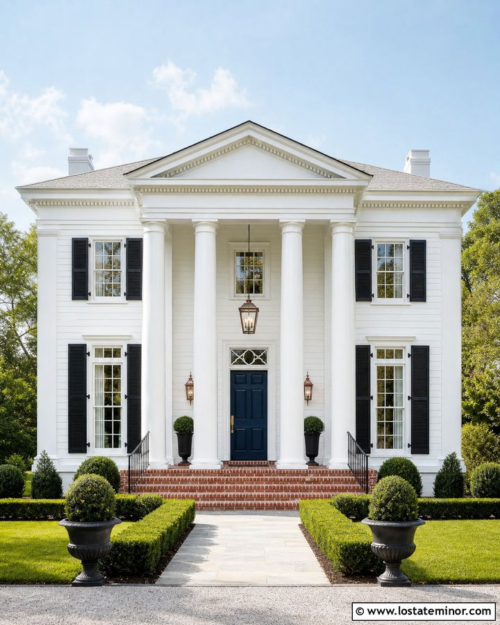 White Greek Revival House With Copper Lights - 30 White House Design With Light Fixtures Ideas