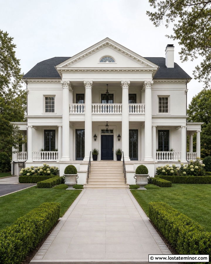 White Greek Revival House With Grand Steps - 30 White House Design With Steps Ideas