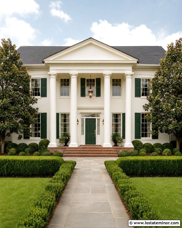 White Greek Revival House With Green Shutters - 30 White House Design With Shutters Ideas