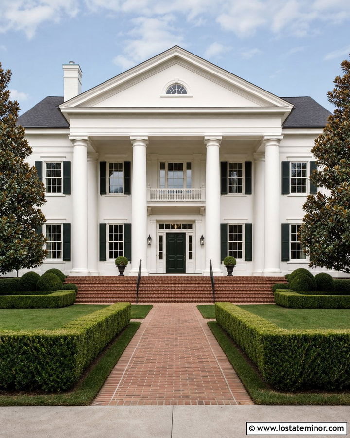 White Greek Revival House With Tall Column Portico - 30 White House Design With Portico Ideas