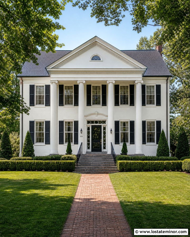 White Greek Revival With Black Storm Door - 30 White House Design With Storm Door Ideas