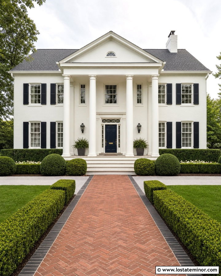 White Greek Revival With Symmetrical Brick Walkway - 30 White House Design With Walkway Ideas