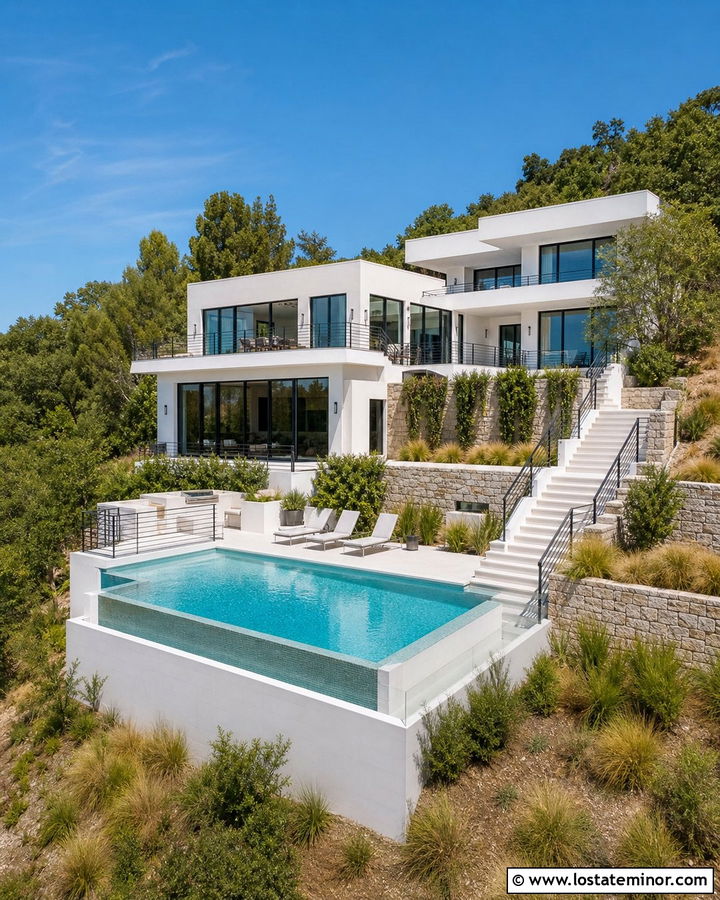 White Hillside House With Multilevel Swimming Pool - 30 White House Design With Swimming Pool Ideas