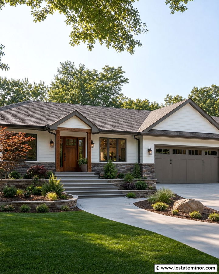 White Horizontal Siding With Stone Wainscoting - 30 White House Design With Siding Ideas