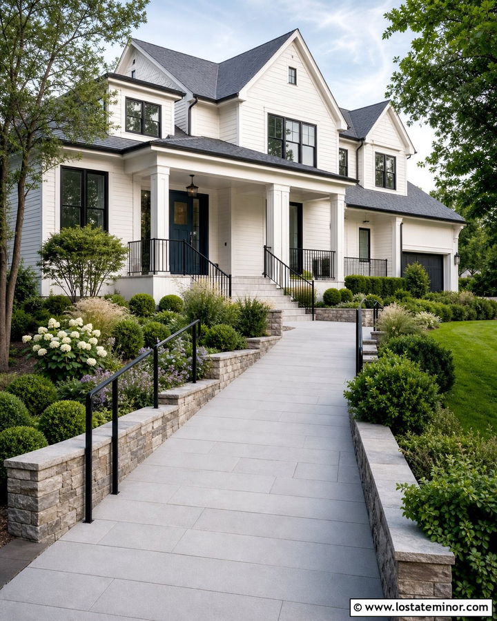 White House With Accessible Sloped Walkway - 30 White House Design With Walkway Ideas