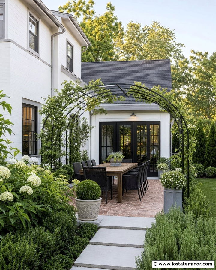 White House With Arched Trellis Backyard Dining - 30 White House Design With Backyard Ideas