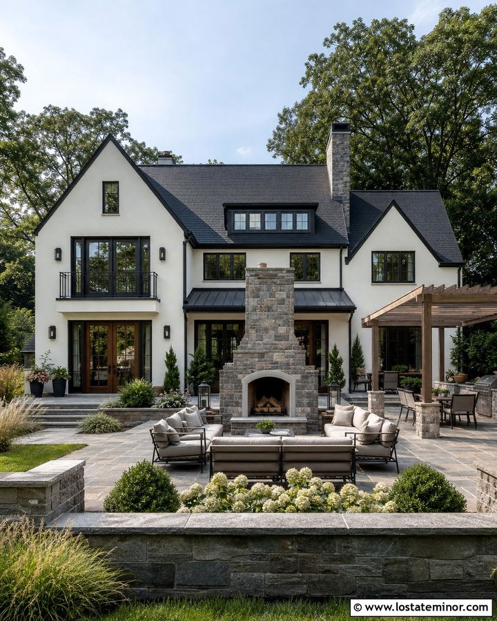 White House With Backyard Outdoor Fireplace - 30 White House Design With Backyard Ideas