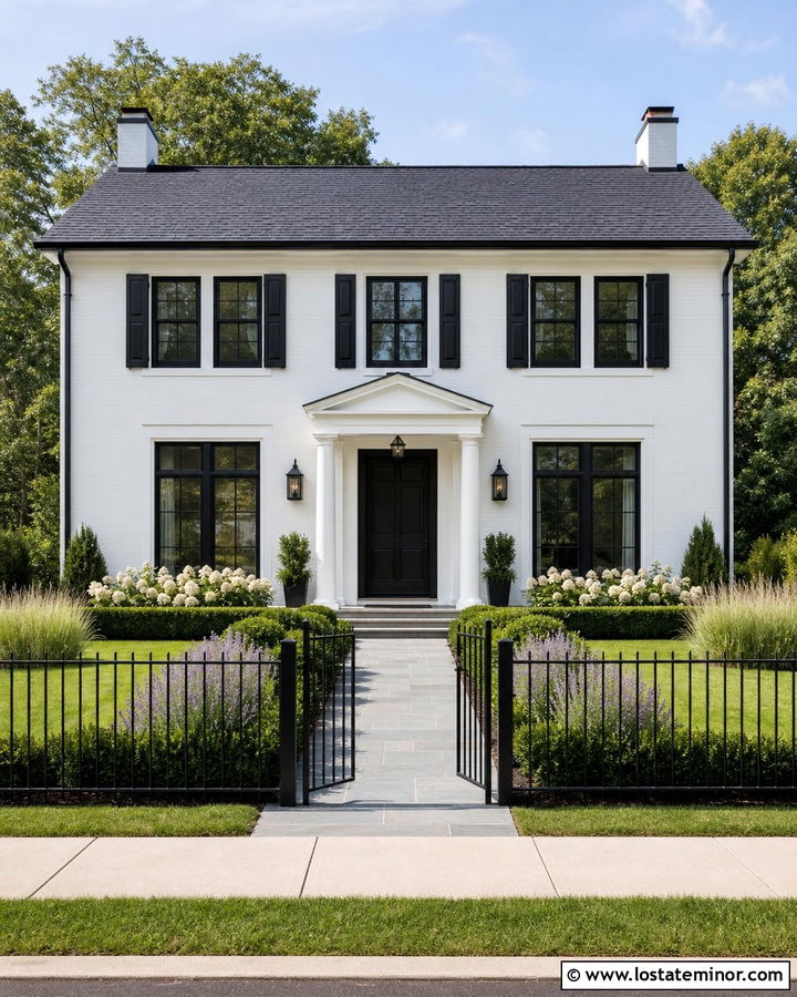 White House With Black Front Yard Fence - 30 White House Design With Front Yard Ideas