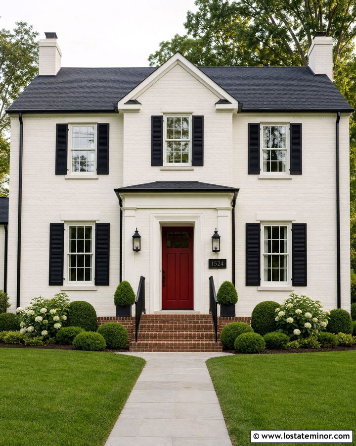 White House With Black Plaque And Red Door - 30 White House Design With House Numbers Ideas