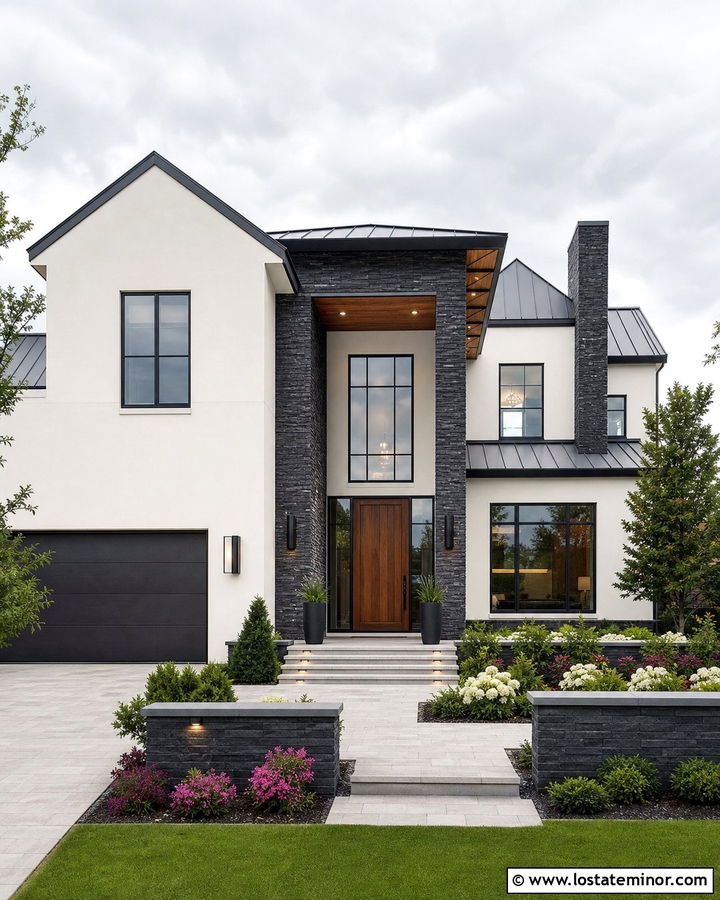 White House With Black Stone Accents - 30 Stone House Design With Stone Accents Ideas