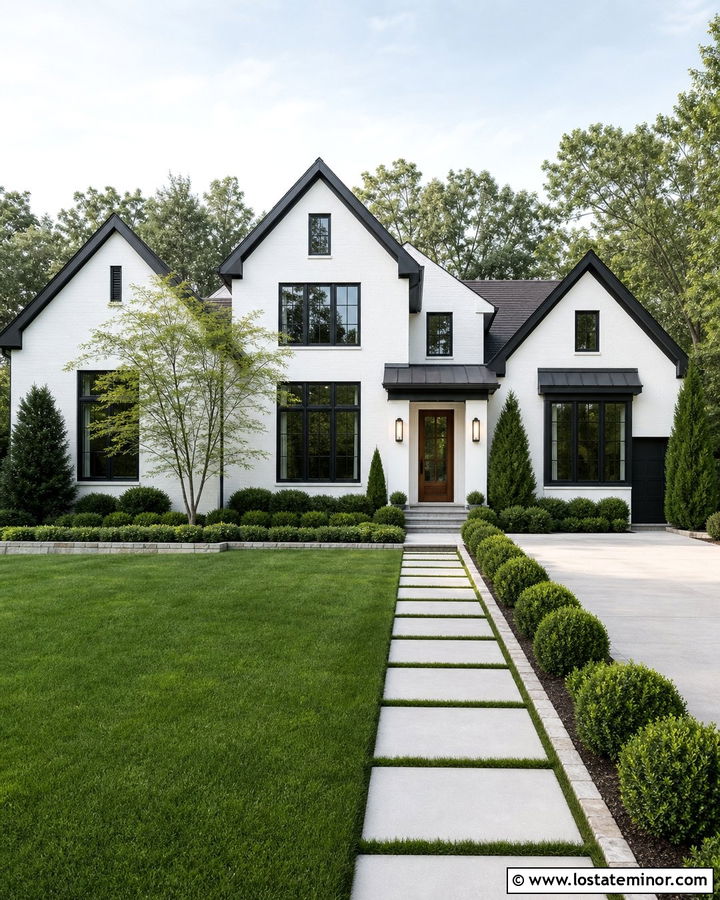 White House With Black Trim And Evergreen Landscaping - 30 White House Design With Landscaping Ideas