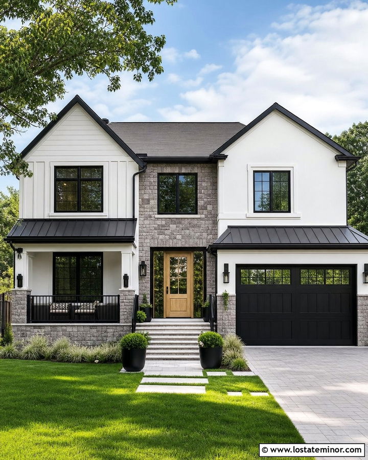White House With Black Trim And Gray Stone - 30 White House Design With Stone Accents Ideas