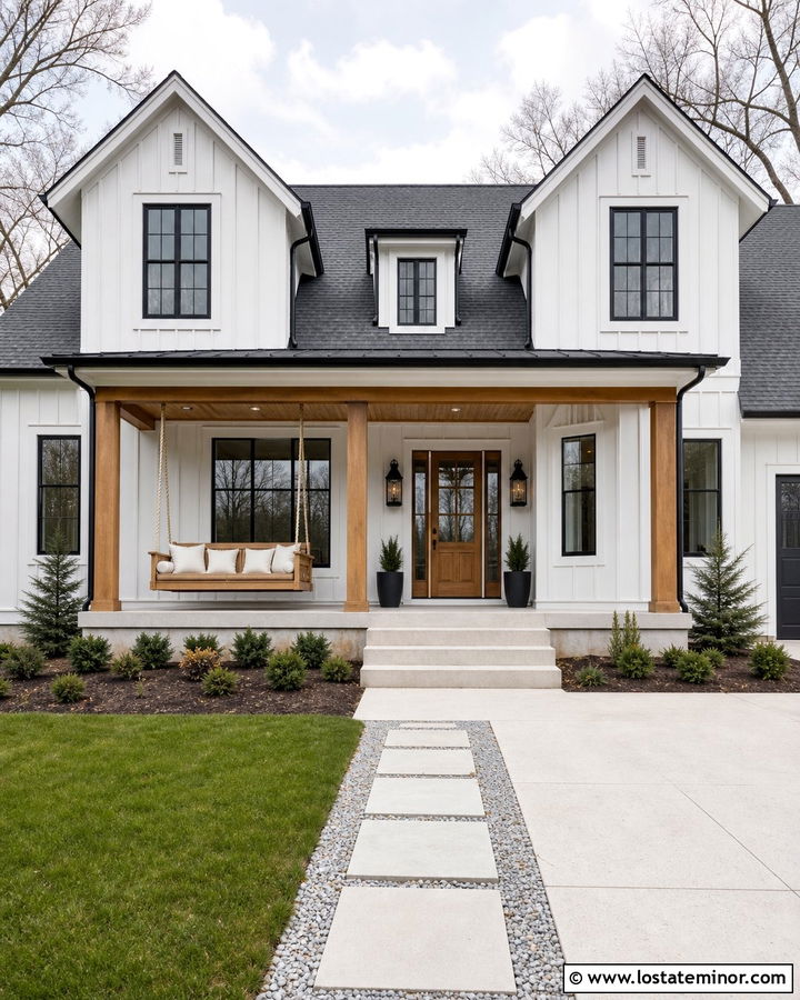 White House With Black Trim And Swing Bed - 30 White House Design With Swing Ideas