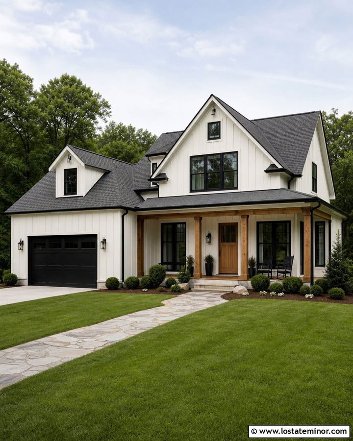 White House With Black Trim And Wood Door - 30 White House Design With Trim Ideas