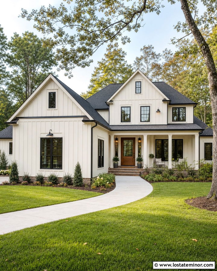 White House With Black Trim And Wood Door - 30 White House Design With Accents Ideas