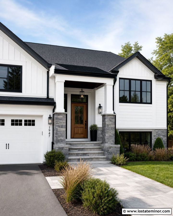 White House With Black Windows And Stone Porch - 30 White House Design With Accents Ideas