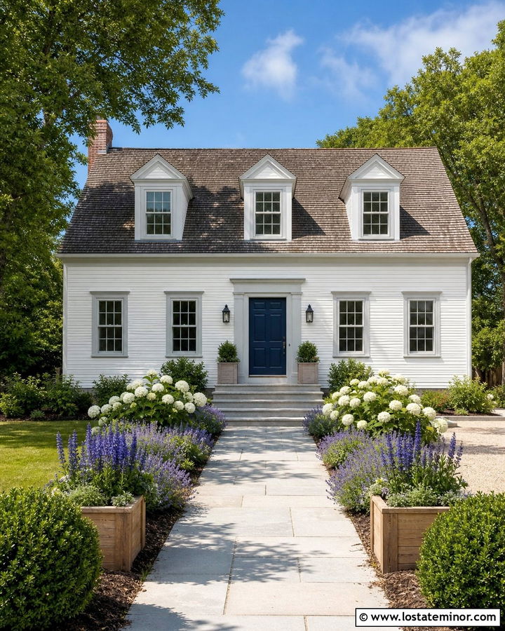 White House With Blue Front Door And Flower Beds - 30 White House Design With Front Yard Ideas