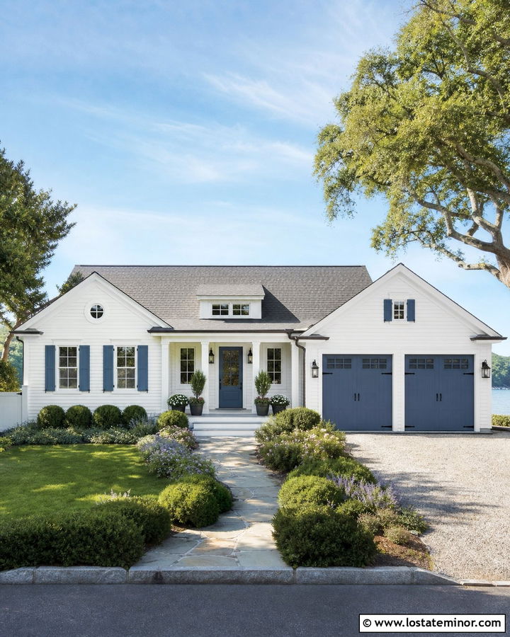 White House With Blue Garage Doors - 30 White House Design With Accents Ideas