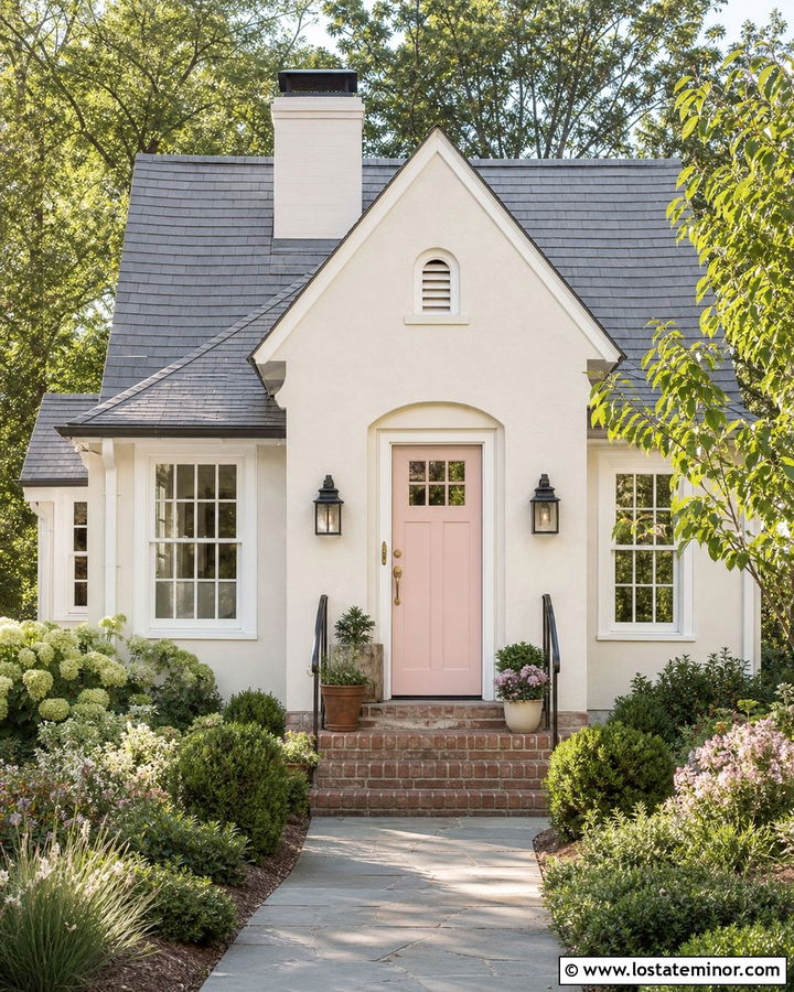White House With Blush Pink Front Door - 30 White House Design With Front Door Ideas
