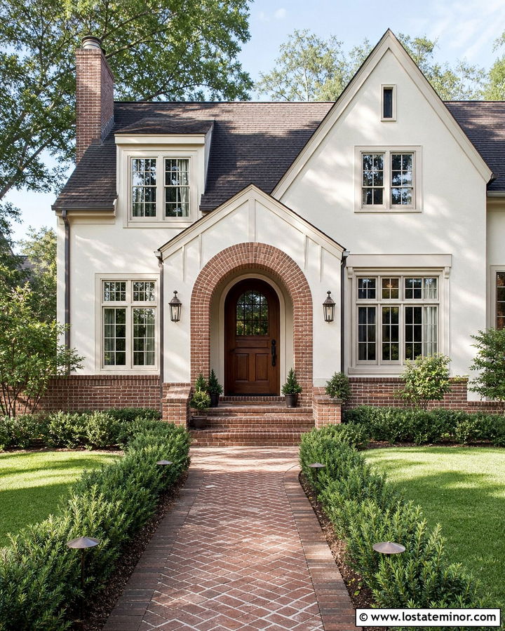 White House With Brick Arch Entry - 30 White House Design With Brick Accents Ideas