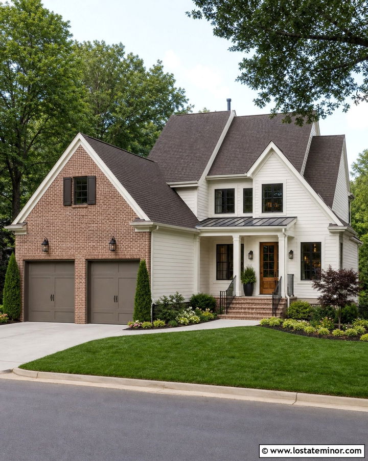 White House With Brick Garage - 30 White House Design With Brick Accents Ideas