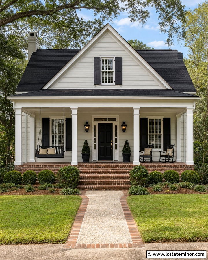 White House With Brick Porch And Black Swing - 30 White House Design With Swing Ideas