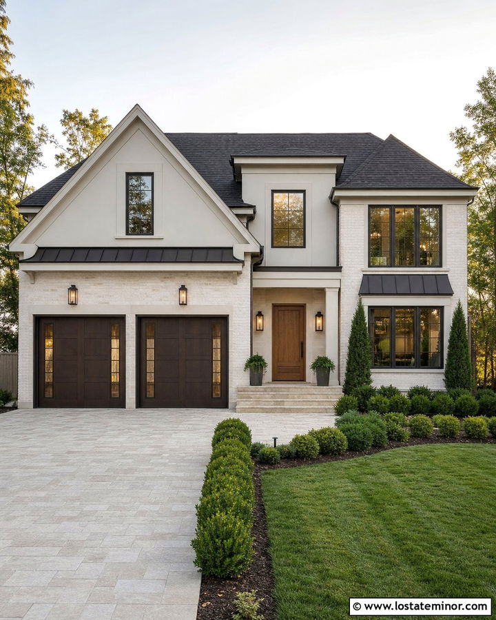 White House With Bronze Garage Doors - 30 White House Design With Garage Door Ideas