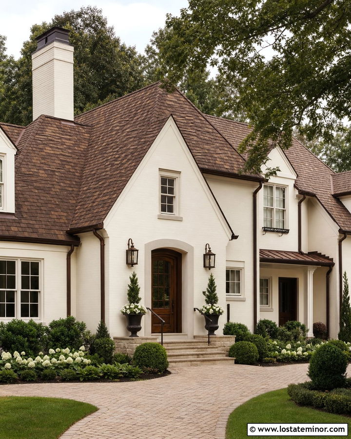 White House With Brown Shingles And Wood Door - 30 White House Design With Shingles Ideas