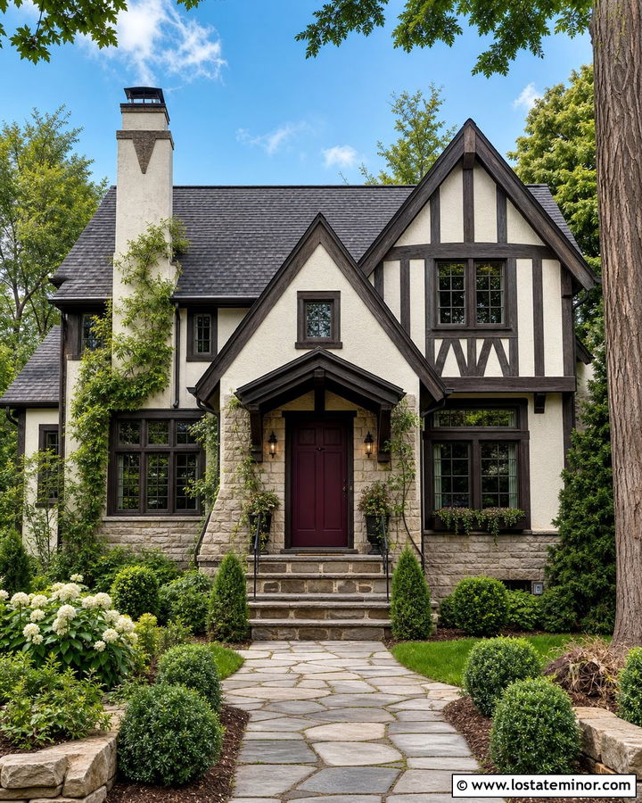 White House With Burgundy Entry Door - 30 White House Design With Entry Door Ideas