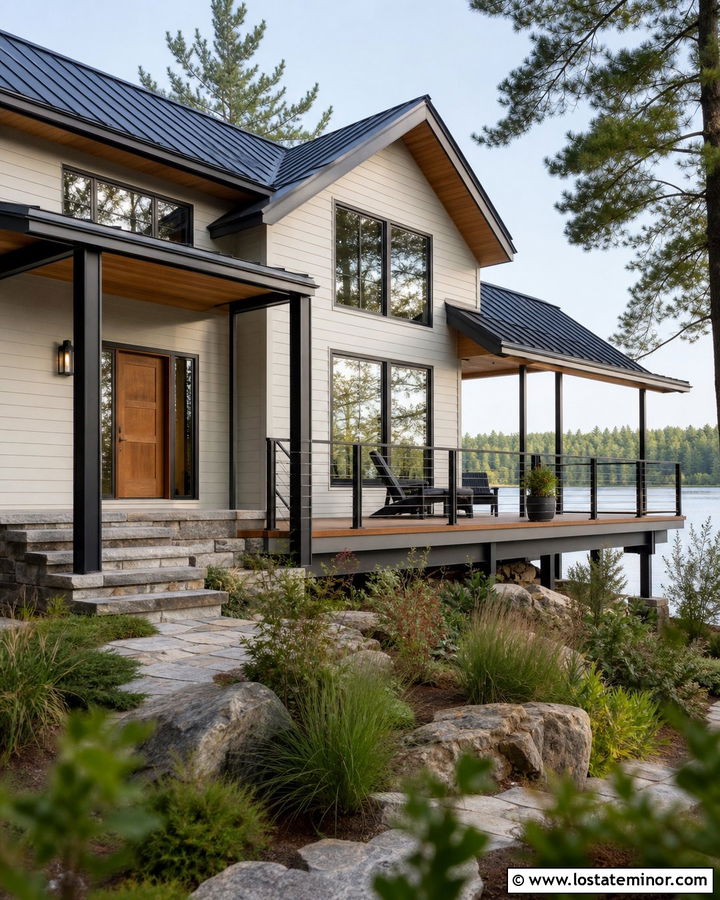 White House With Cable Railing Deck - 30 White House Design With Deck Ideas