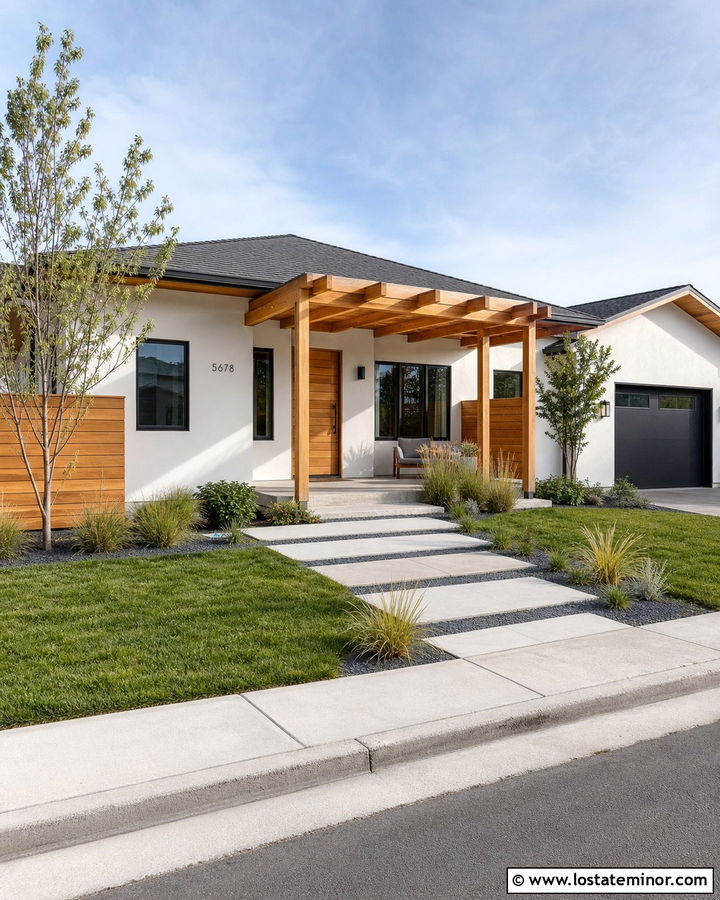 White House With Cedar Pergola - 30 White House Design With Accents Ideas