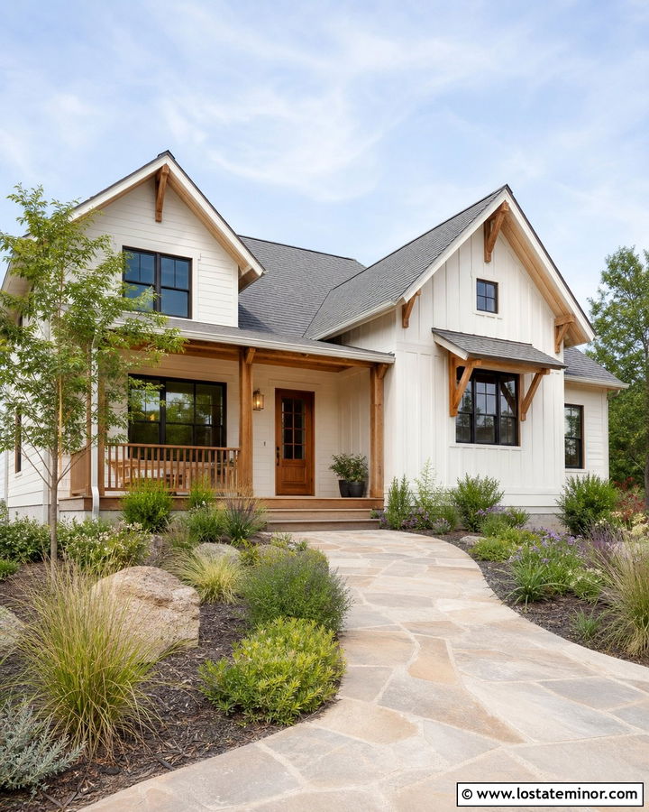 White House With Cedar Porch And Native Plants - 30 White House Design With Front Yard Ideas