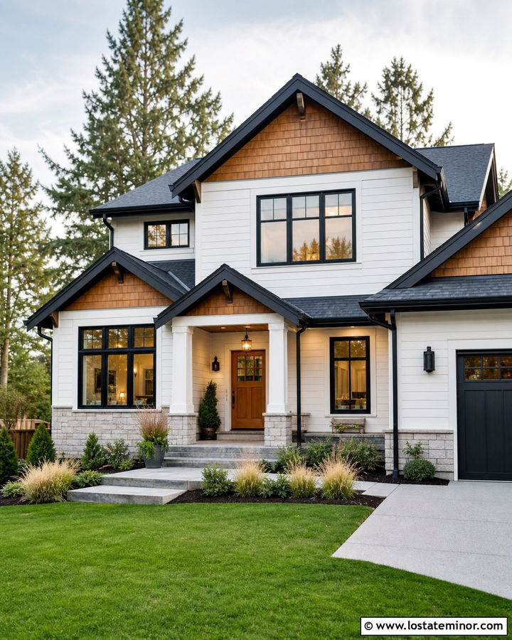 White House With Cedar Shakes And Black Windows - 30 White House Design With Cedar Shake Ideas