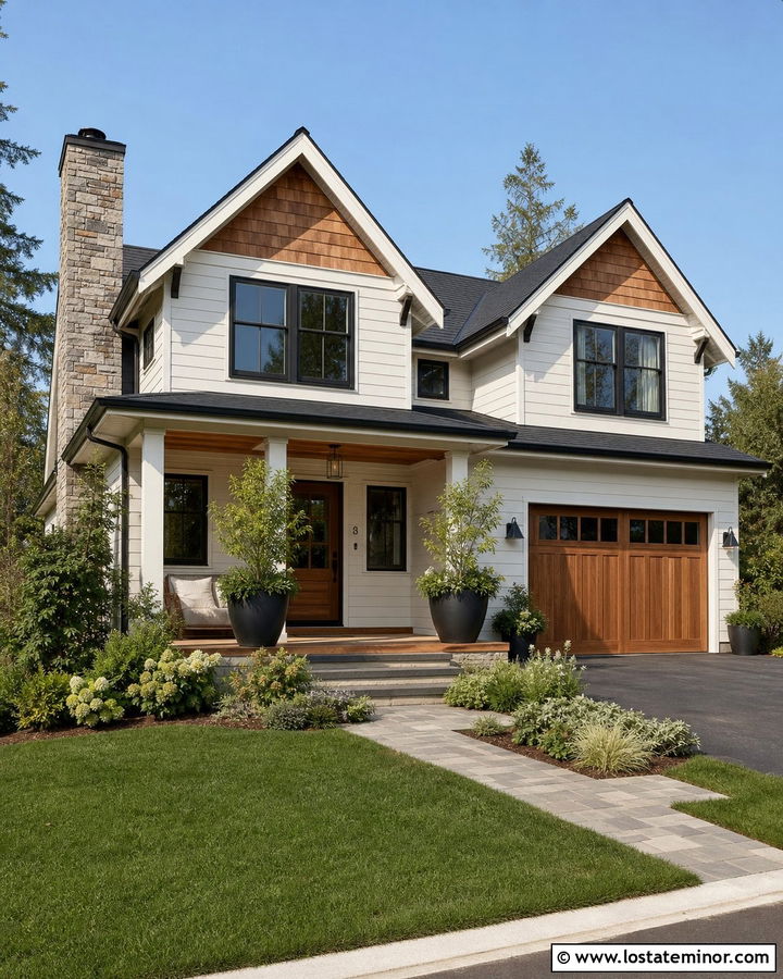 White House With Cedar Siding And Stone Chimney - 30 White House Design With Chimney Ideas