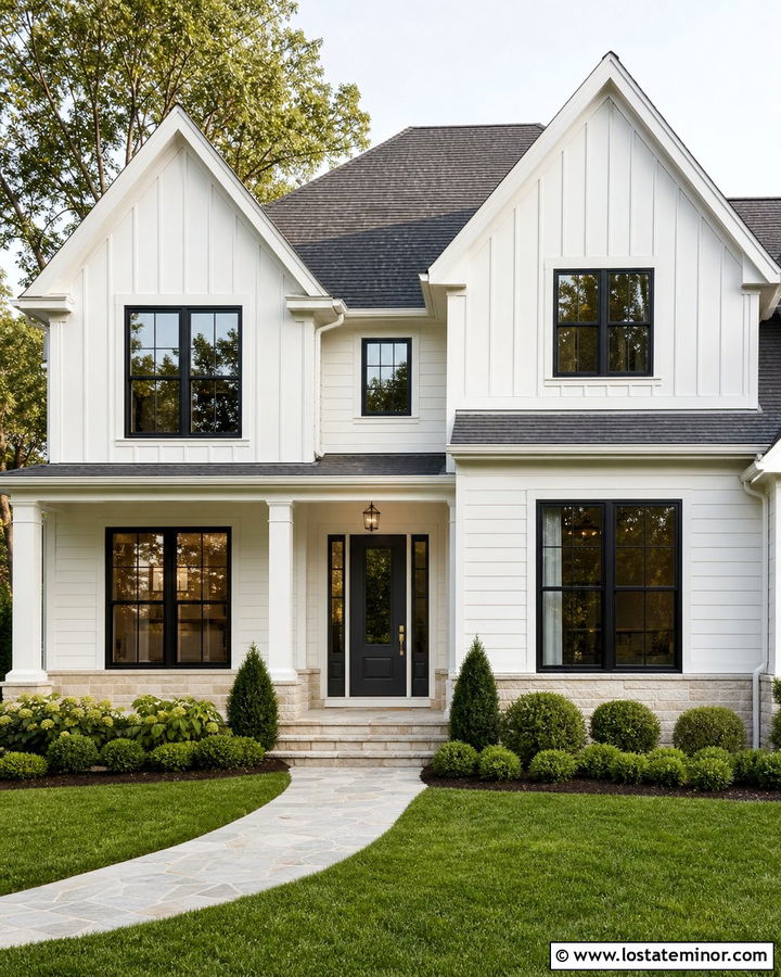 White House With Charcoal Gray Entry Door - 30 White House Design With Entry Door Ideas