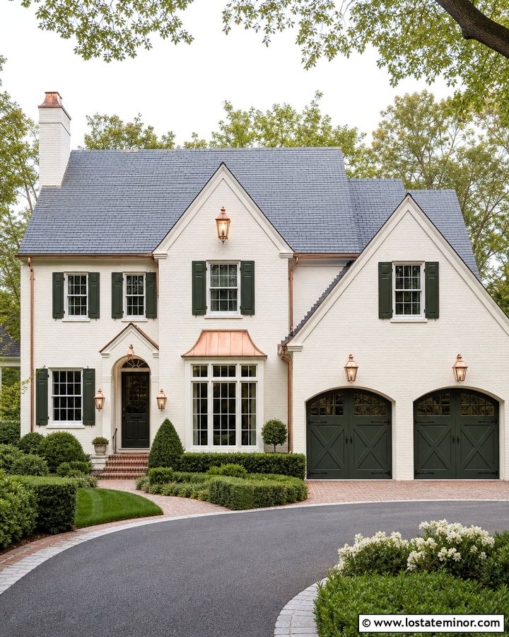 White House With Copper Garage Accents - 30 White House Design With Garage Door Ideas