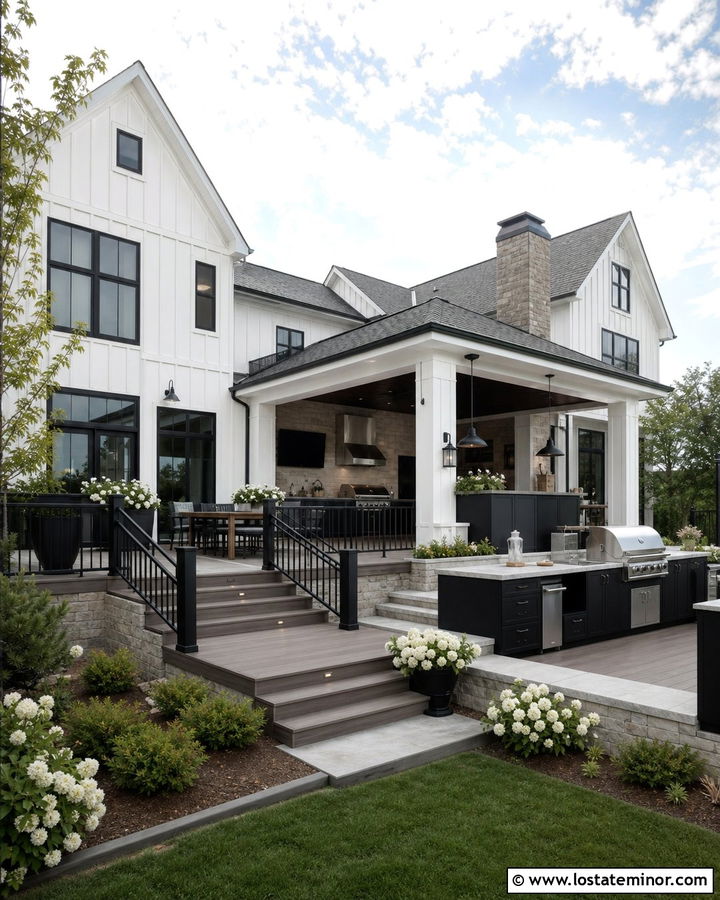 White House With Deck And Outdoor Kitchen - 30 White House Design With Deck Ideas