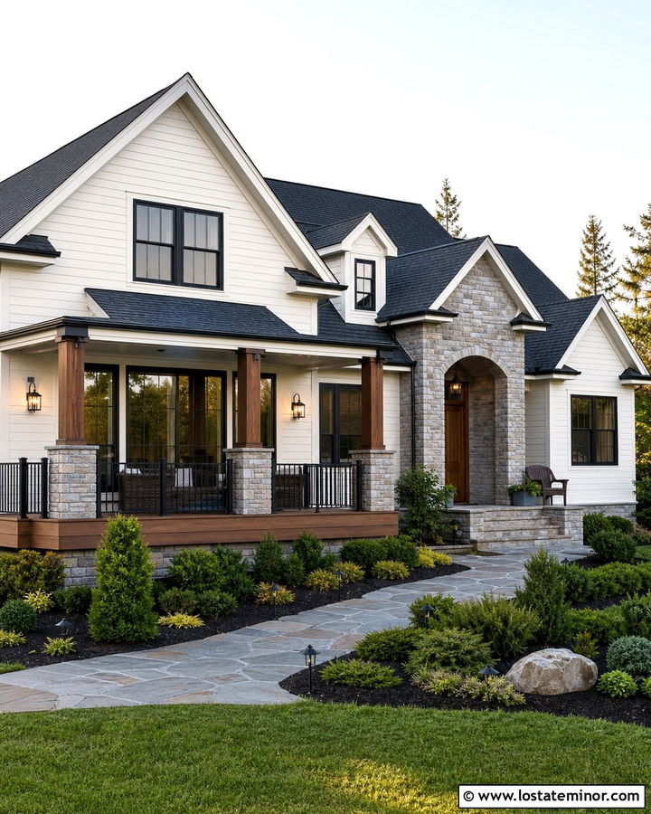 White House With Deck And Stone Accents - 30 White House Design With Deck Ideas