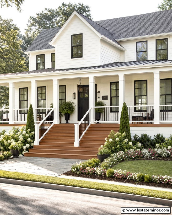 White House With Deck And Wide Stairs - 30 White House Design With Deck Ideas