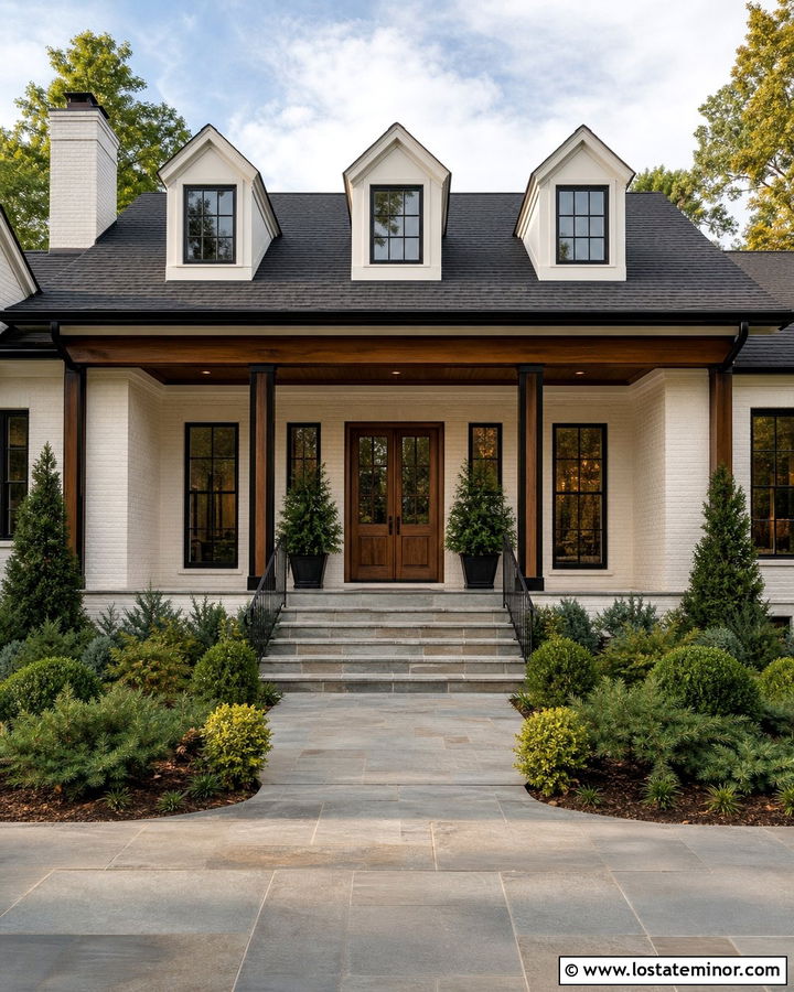 White House With Dormers And Wood Door - 30 White House Design With Dormers Ideas