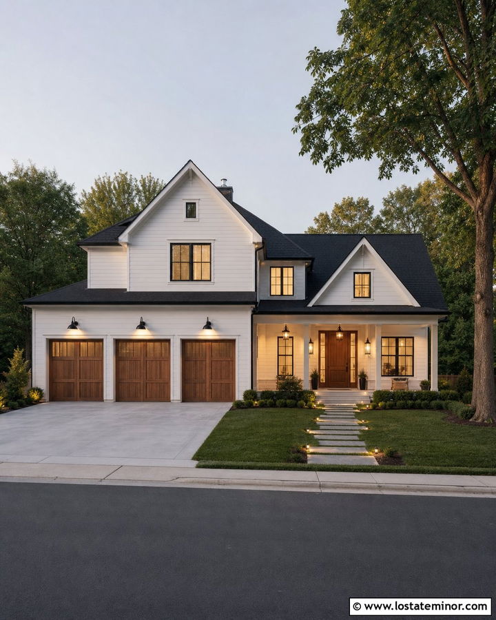White House With Double Garage Lighting - 30 White House Design With Lighting Ideas