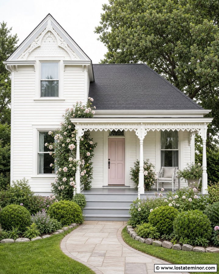 White House With Dusty Pink Entry Door - 30 White House Design With Entry Door Ideas