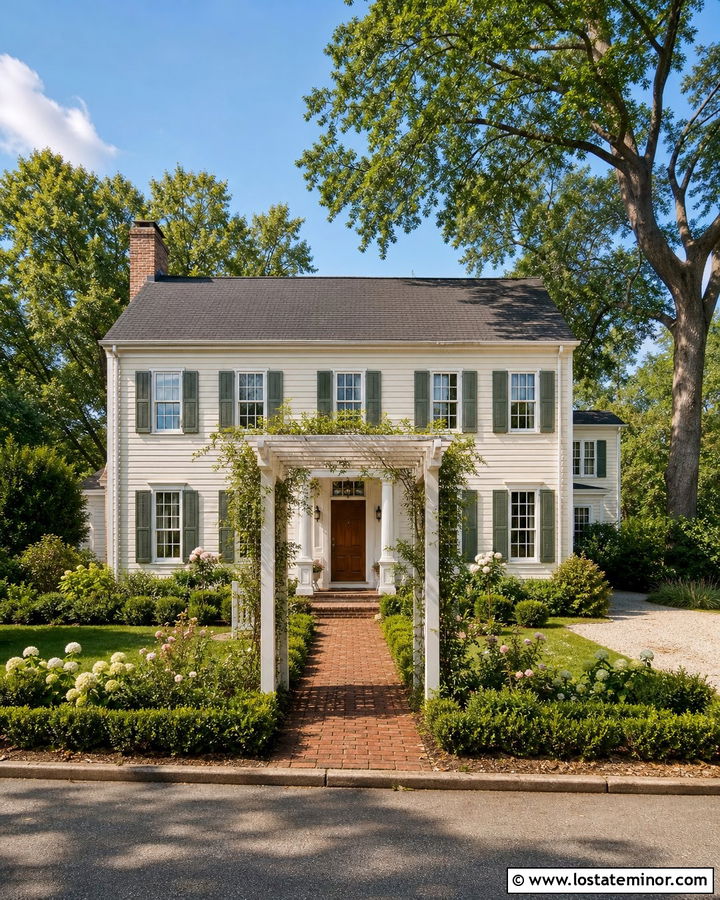 White House With Freestanding Garden Pergola - 30 White House Design With Pergola Ideas
