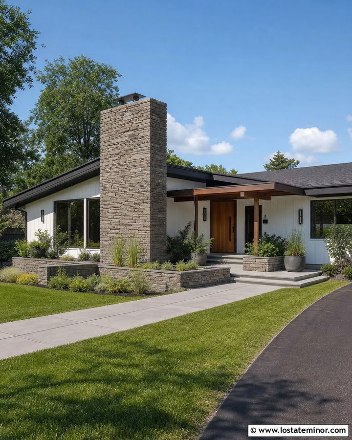 White House With Front Facing Stone Chimney - 30 White House Design With Chimney Ideas