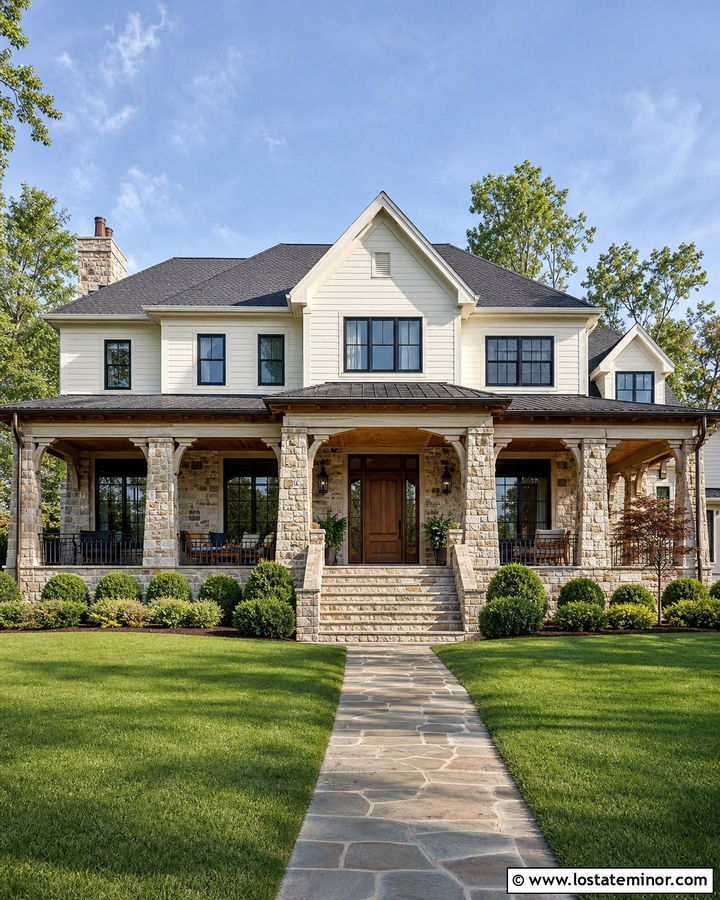 White House With Full Stone Front Porch - 30 White House Design With Stone Accents Ideas