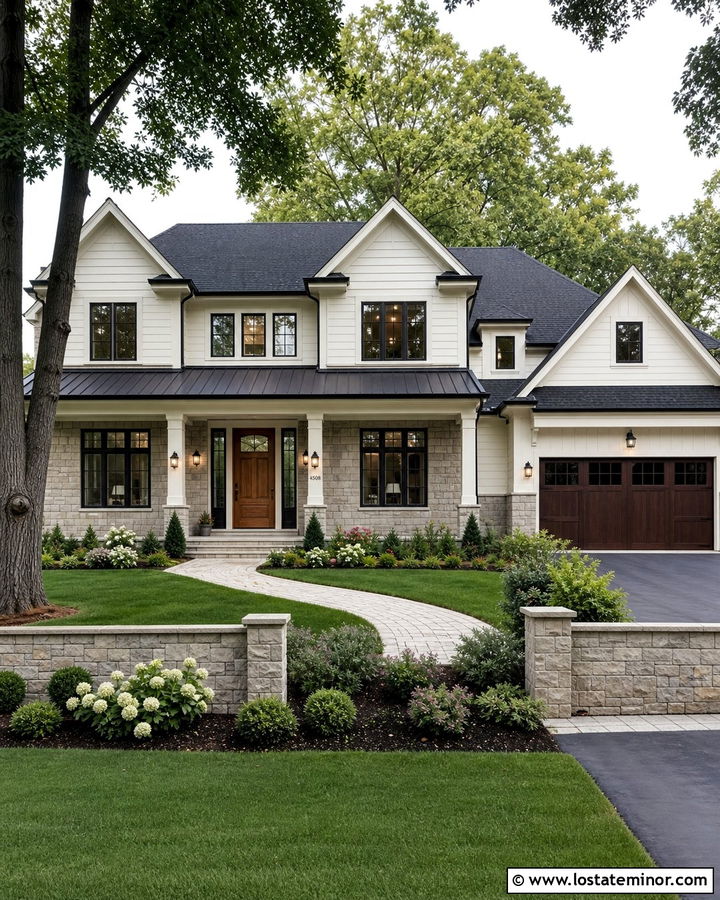 White House With Full Width Stone Wainscoting - 30 White House Design With Wainscoting Ideas