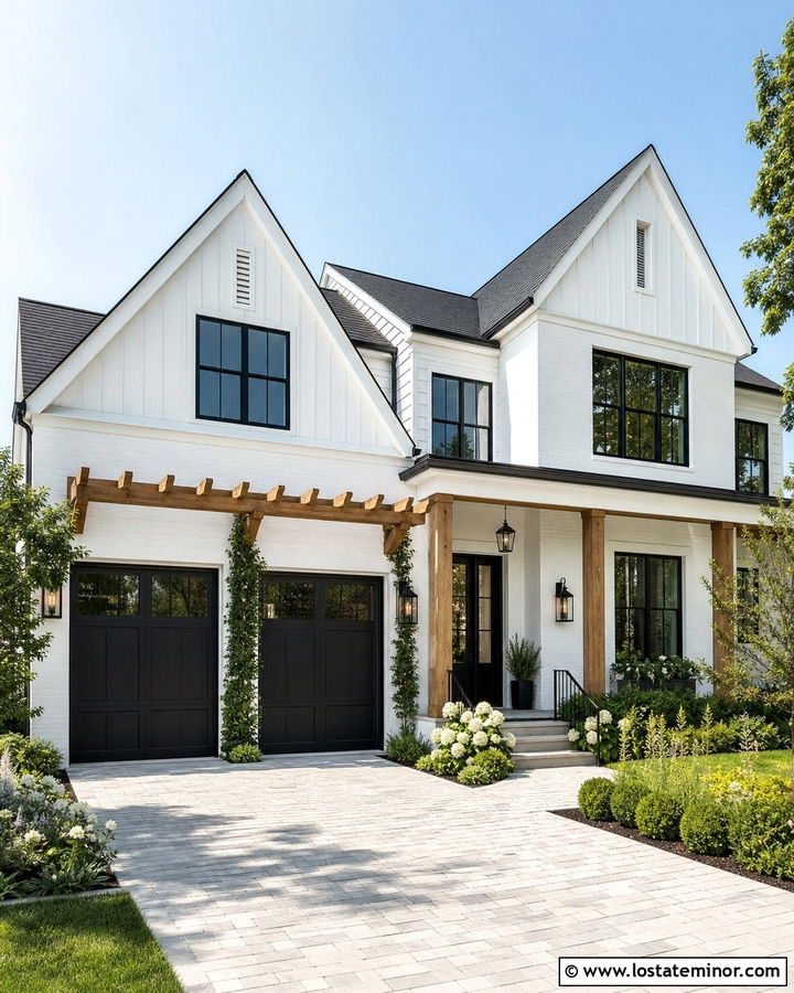 White House With Garage Pergola - 30 White House Design With Garage Door Ideas