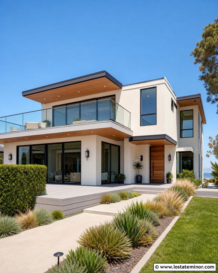 White House With Glass Railing Deck - 30 White House Design With Deck Ideas
