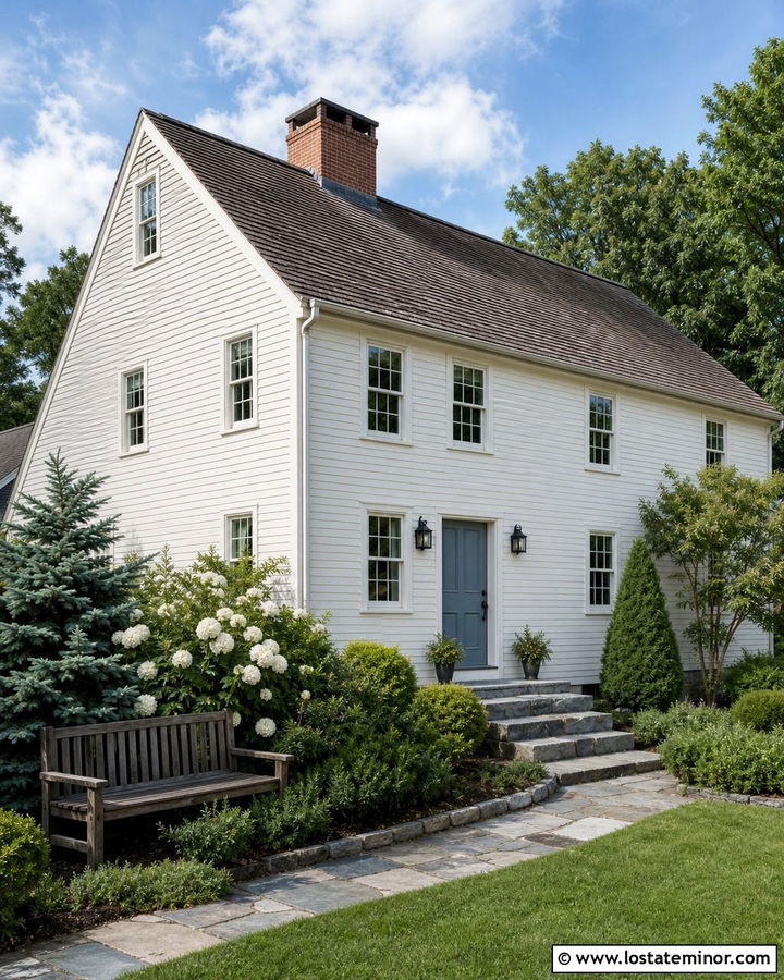 White House With Gray Blue Entry Door - 30 White House Design With Entry Door Ideas
